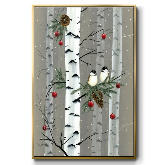 Birch Birds I - Framed Gallery Wrapped Holiday Canvas - 17 x 25 - Gold Frame