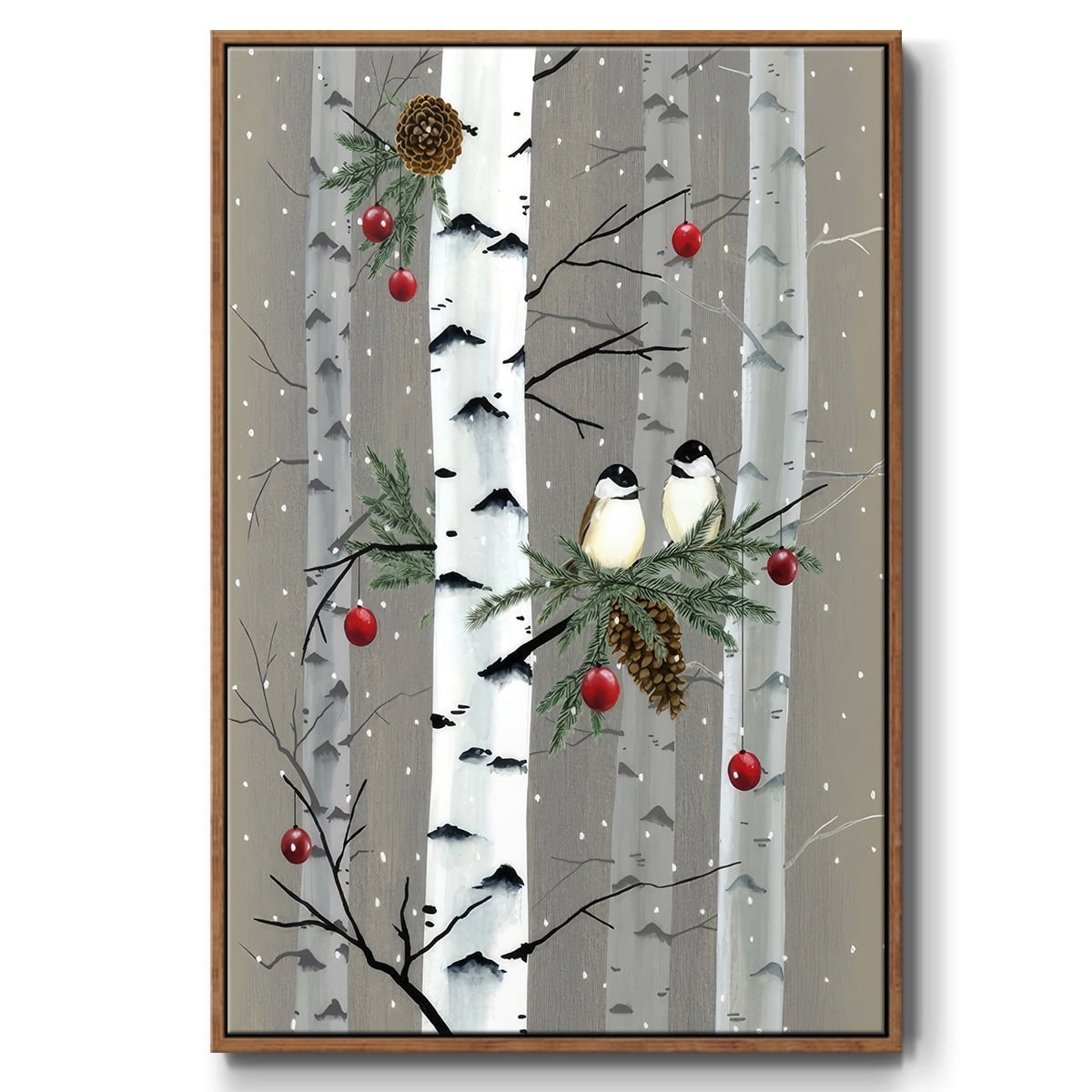 Birch Birds I - Framed Gallery Wrapped Holiday Canvas - 17 x 25 - Rosewood Frame