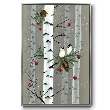 Birch Birds I - Framed Gallery Wrapped Holiday Canvas - 17 x 25 - Silver Frame