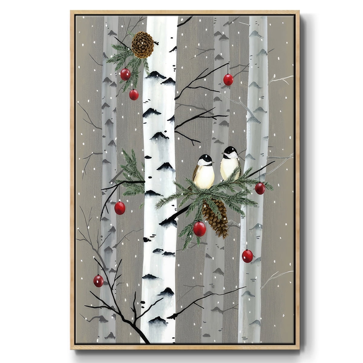 Birch Birds I - Framed Gallery Wrapped Holiday Canvas - 25 x 37 - Natural Wood Frame