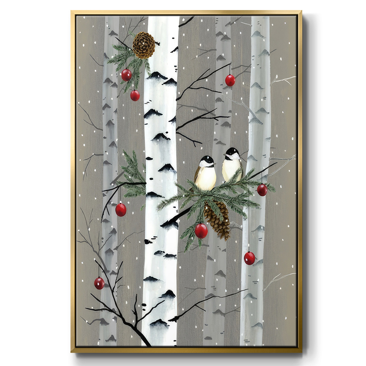 Birch Birds I - Framed Gallery Wrapped Holiday Canvas - 27 x 41 - Gold Frame