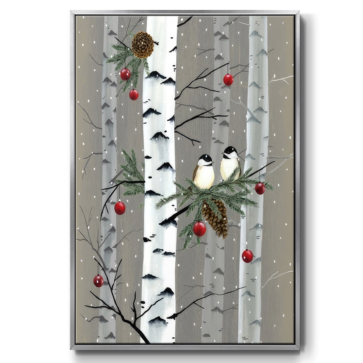 Birch Birds I - Framed Gallery Wrapped Holiday Canvas - 27 x 41 - Silver Frame