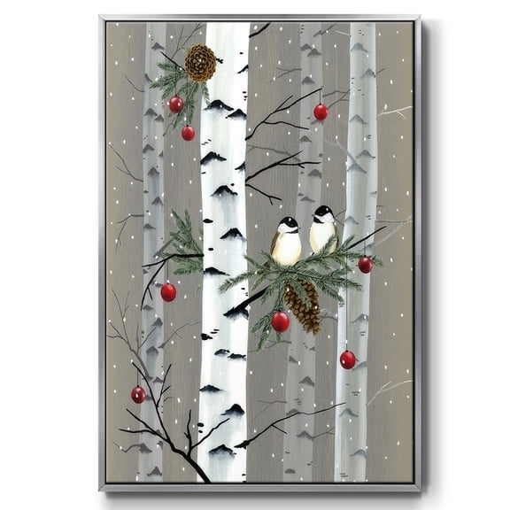 Birch Birds I - Framed Gallery Wrapped Holiday Canvas - 27 x 41 - Silver Frame