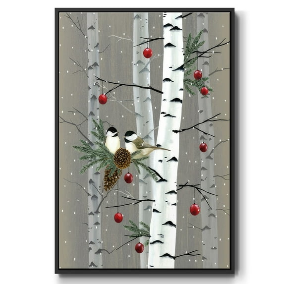 Birch Birds II - Framed Gallery Wrapped Holiday Canvas - 17 x 25 - Black Frame