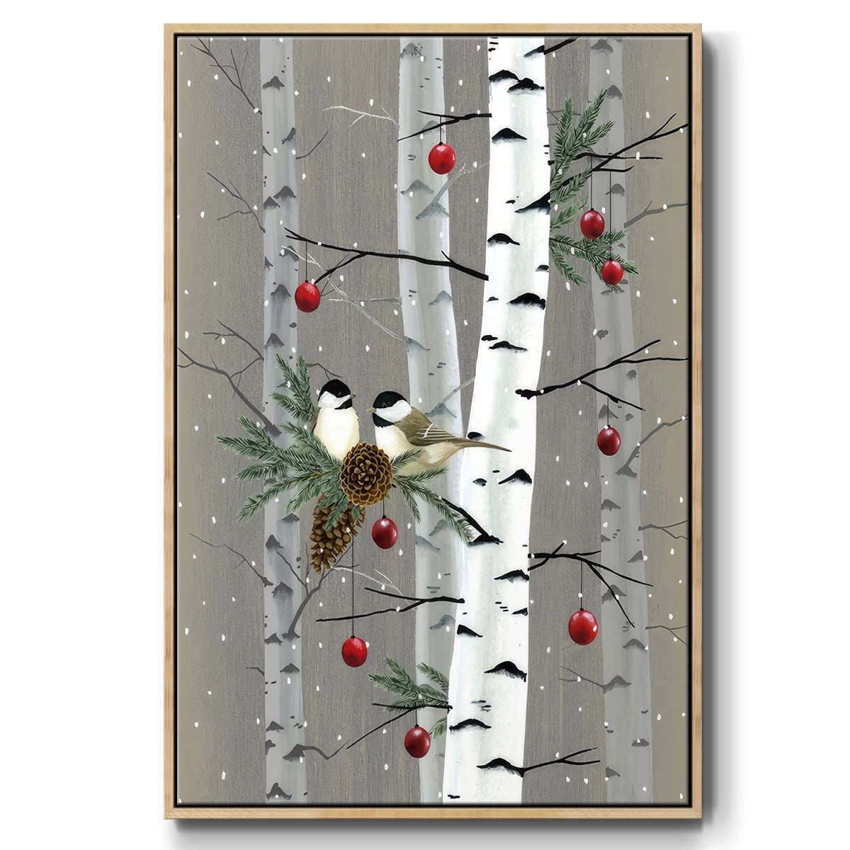Birch Birds II - Framed Gallery Wrapped Holiday Canvas - 17 x 25 - Natural Wood Frame
