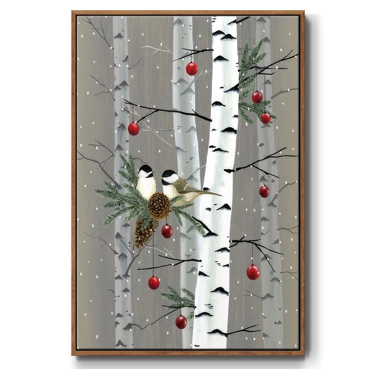 Birch Birds II - Framed Gallery Wrapped Holiday Canvas - 17 x 25 - Rosewood Frame