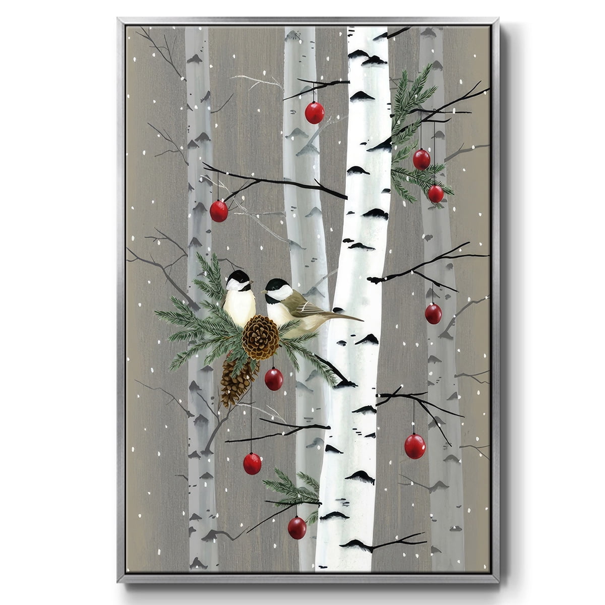 Birch Birds II - Framed Gallery Wrapped Holiday Canvas - 17 x 25 - Silver Frame