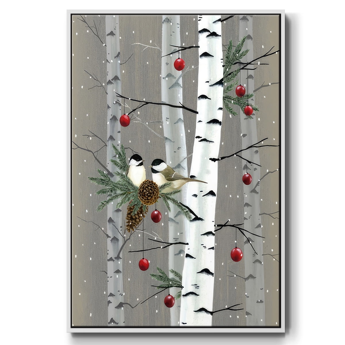 Birch Birds II - Framed Gallery Wrapped Holiday Canvas - 17 x 25 - White Frame