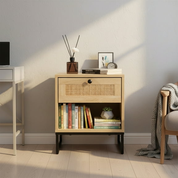 Birch Coastal Modern Side Table with Drawer Natural Wood Top with Black Metal Legs