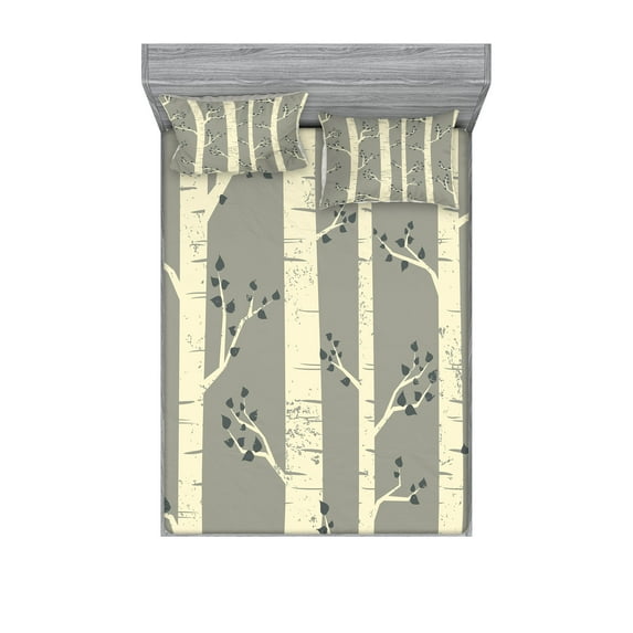 Birch Fitted Sheet & Pillow Sham Set, Tree Branches Vintage Bohemian Contemporary Illustration of Nature, Decorative Printed 6 Piece Bedding Decor Set, King, Pale Yellow and Warm Taupe, by Ambesonne