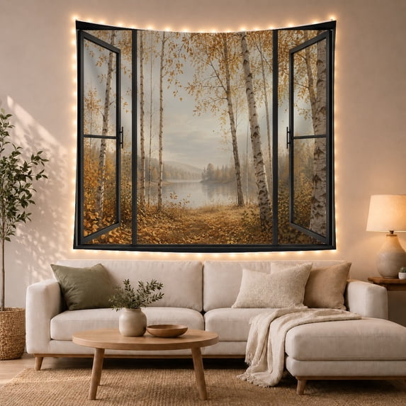 Birch Forest Lake Through Black Window, Peaceful Rustic Style for Nature Lovers, Autumn Wall Decor Housewarming Gift, Tapestry Wall Hanging for Bedroom and Living Room