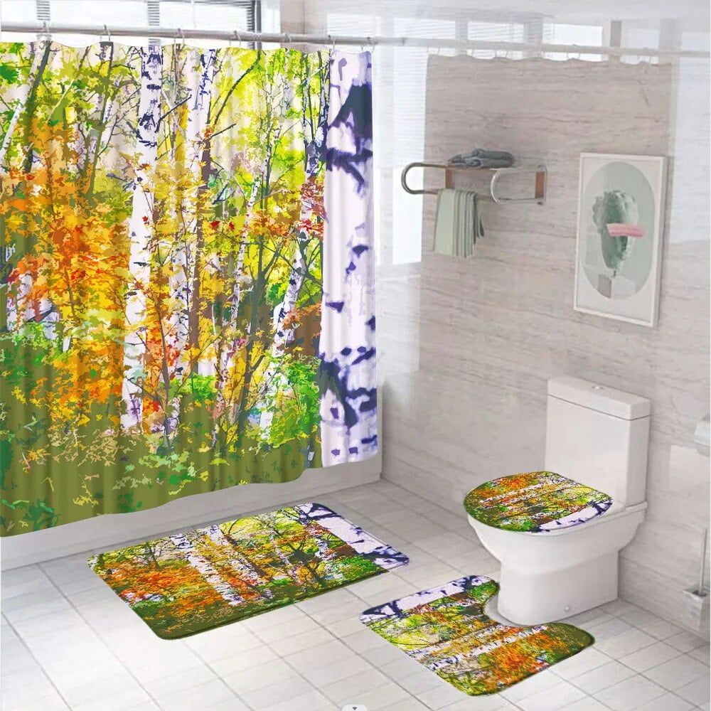 Floral Pig Shower Curtain Set – 4-Piece Bathroom Decor With Rugs, Farmhouse Leaves Pattern, 72x72 Inches