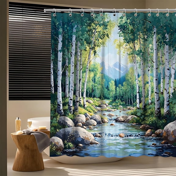 Birch Forest Shower Curtain Spring Nature Scenic Mountain River Stone Summer Watercolor Nature Landscape Bath Curtain Fabric Bathroom Accessories Decor with Hooks-36"W x 72"L (Pack of 1)