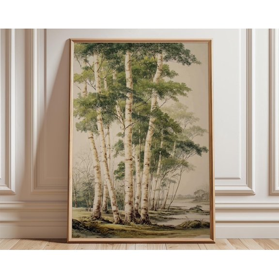 Birch Forest Vintage Botanical Landscape Wall Art Print, Unframed Paper Poster 24x36in