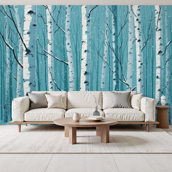 Birch Forest Winter Landscape Blue Tones Snowy Woodland Peel and Stick Wall Murals 69"H x 96"W Removable PVC Wallpaper Self-Adhesive Wall Paintings for Bedroom Living Room