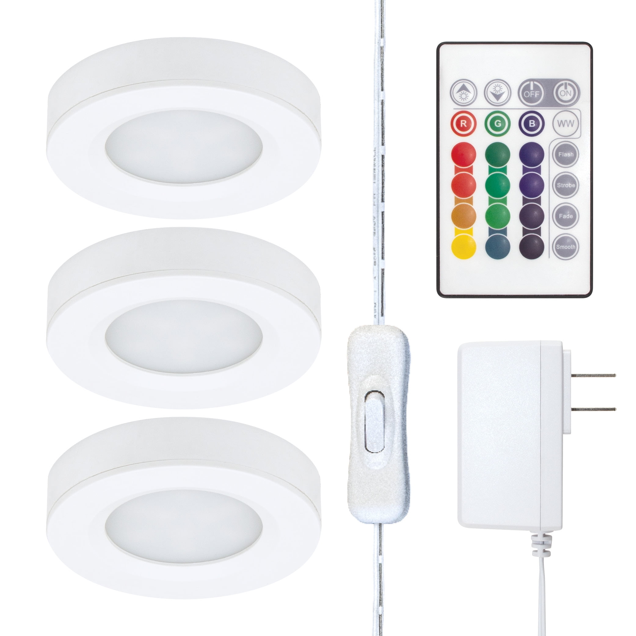 White Multicolor LED Puck Light Kit with Remote, 3-Pack
