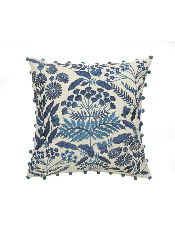 Birch Harbor Off-White and Navy Bohemian Floral Throw Pillow