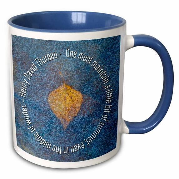 3drose, Birch Leaf Under Ice. Henry David Thoreau Quote One Must Maintain, 15oz Two-tone Blue Mug