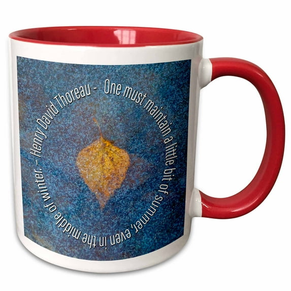 3drose, Birch Leaf Under Ice. Henry David Thoreau Quote One Must Maintain, 15oz Two-tone Red Mug