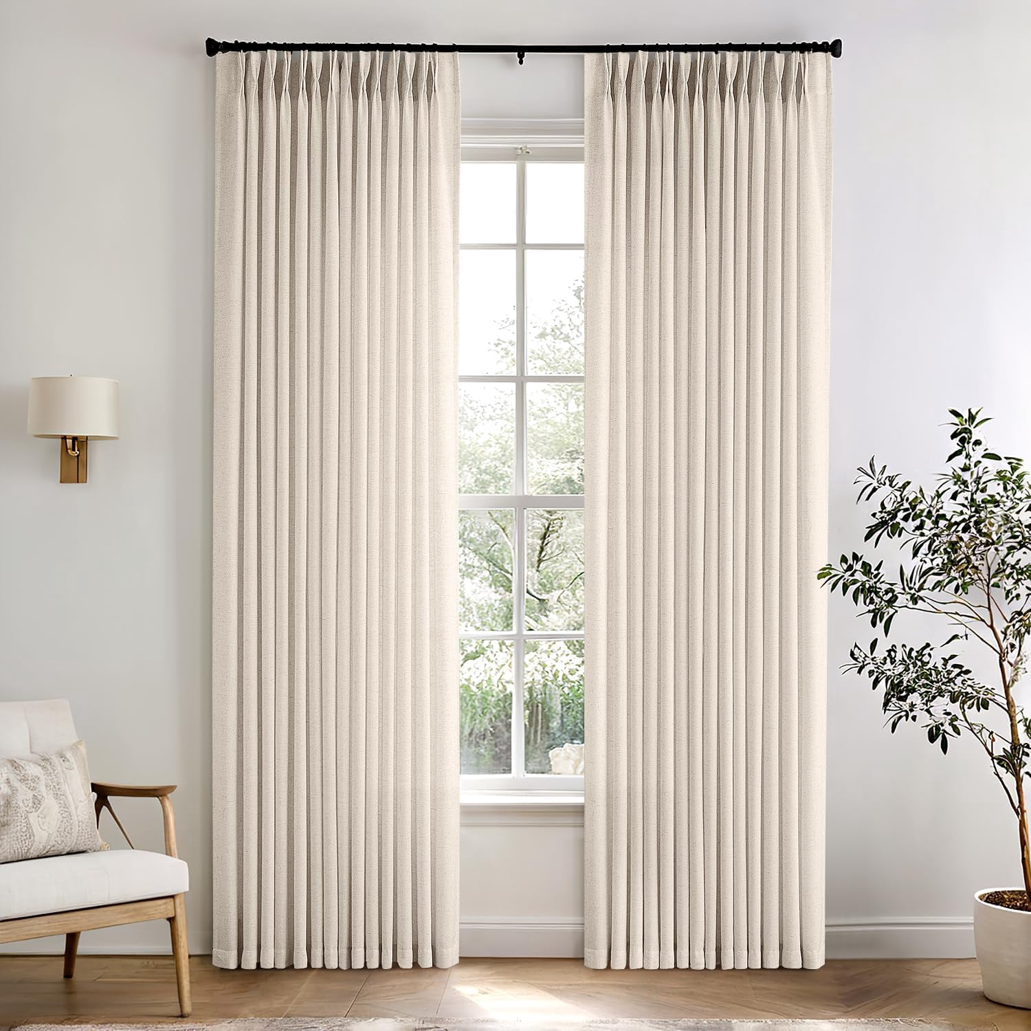 Birch Pinch Pleat Linen Curtains Extra Long Curtains 108 Inch Length, Memory Trained Pinch Pleated Curtain with Hooks Living Room Bedroom Sliding Patio Door, Linen Textured Pleated Curtain Drapes