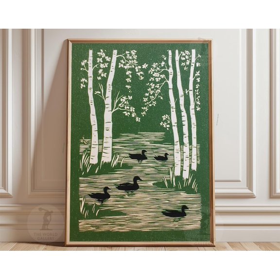 Birch River Ducks Green Woodland Wildlife Wall Art Print, Unframed Paper Poster 8x10in