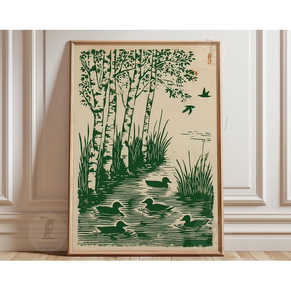 Birch River Ducks Woodland Wildlife Landscape Wall Art Print, Unframed Paper Poster 8x10in