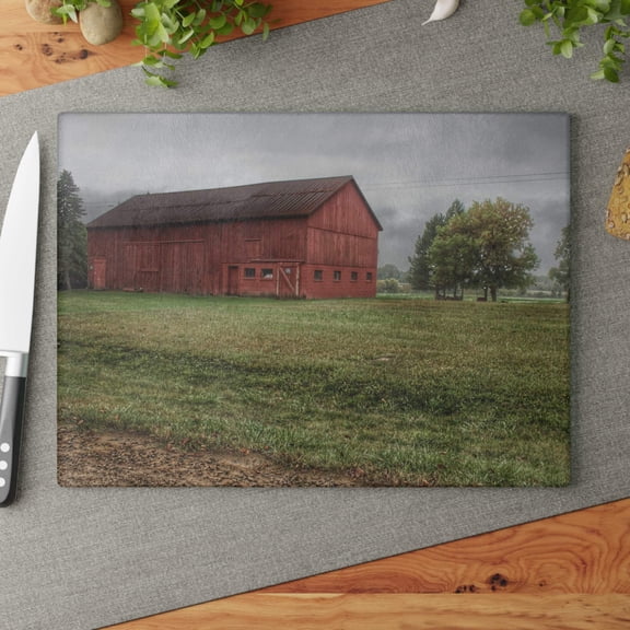 U R There Photography Birch Road Red Rustic Farmhouse Tempered-Glass Cutting Board 11"x 15"