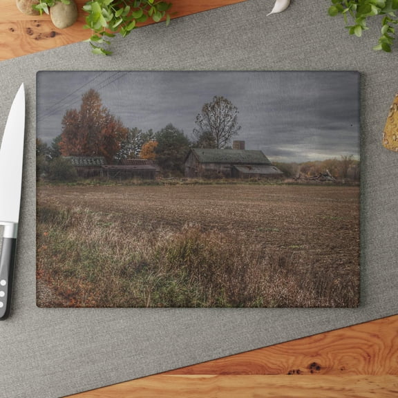 U R There Photography Birch Run Road Greys II Rustic Farmhouse Tempered-Glass Cutting Board 11"x 15"