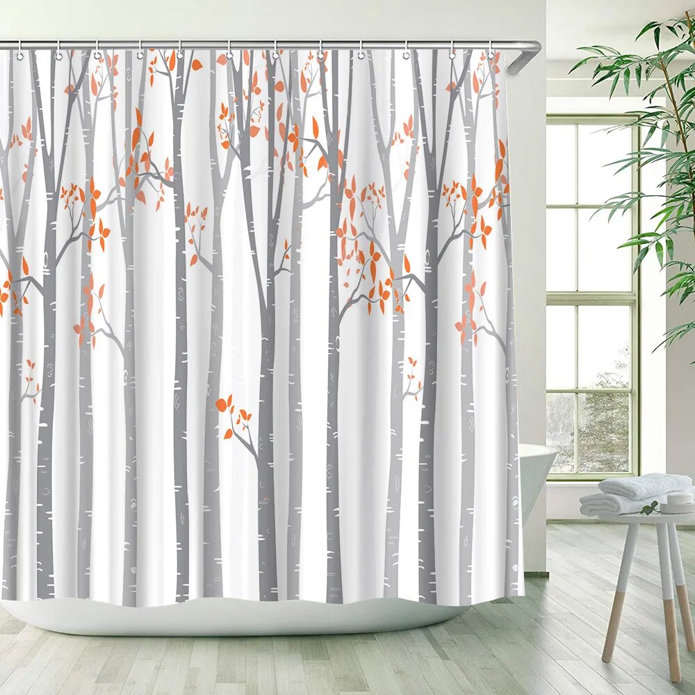 Birch Shower Curtain Branches And Leaves Forest Black White Green And