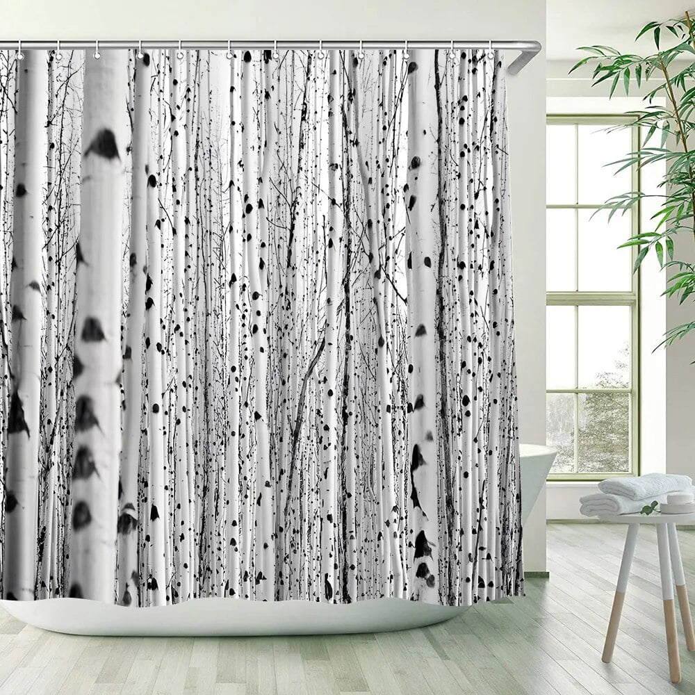 Birch Shower Curtain Branches And Leaves Forest Black White Green And