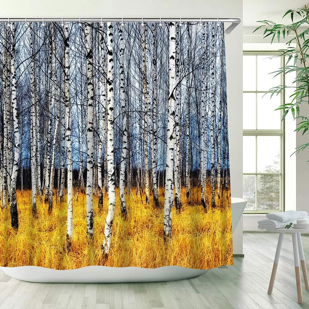 Birch Shower Curtain Branches And Leaves Forest Black White Green And