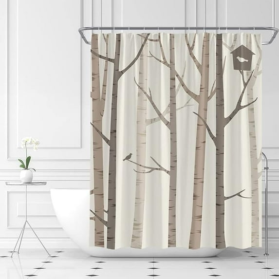 Birch Shower Curtain Brown Tan Abstract Tree Rustic Style Leafless Forest Branch Fall Autumn Country Style Fabric Bathroom Decor with Hooks 72"W x 84"L