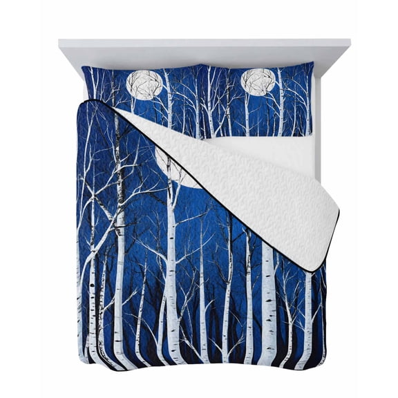 Birch Tree 3 Piece Quilt Set Full Size, Navy Blue Night Sky White Full Moon Rustic Moonlight Branch Soft Bedspread Coverlet Bedding Set Microfiber Comforter Set with 2 Pillowcases for Bedroom