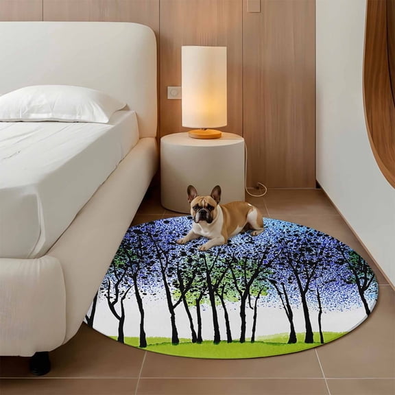 Birch Tree 3ft Round Rug for Bathroom Accent Bedside Corner, Spring Summer Art Purple Green Leaf Birch Grove Washable Non Slip Circle Area Rug for Small Spaces