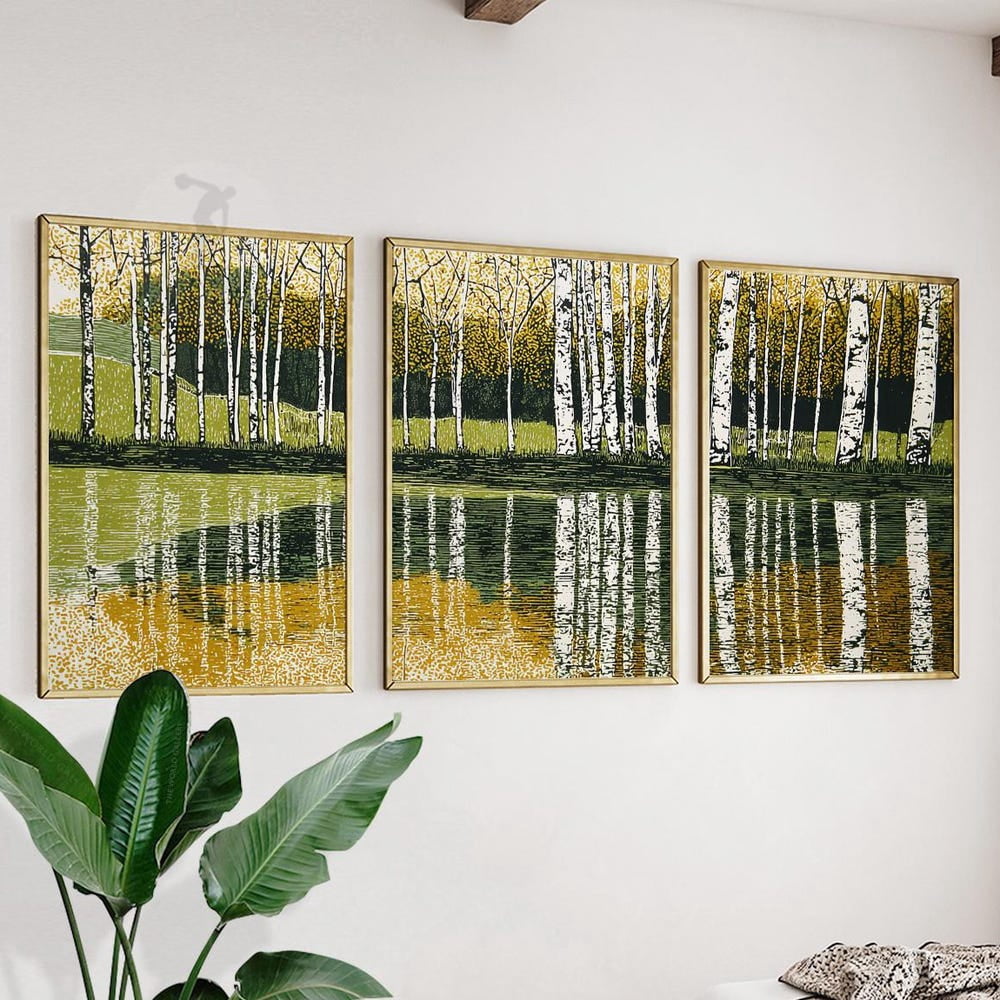 Birch Tree Autumn Golden Lake Reflection Modern Woodland Art Set 3 ...