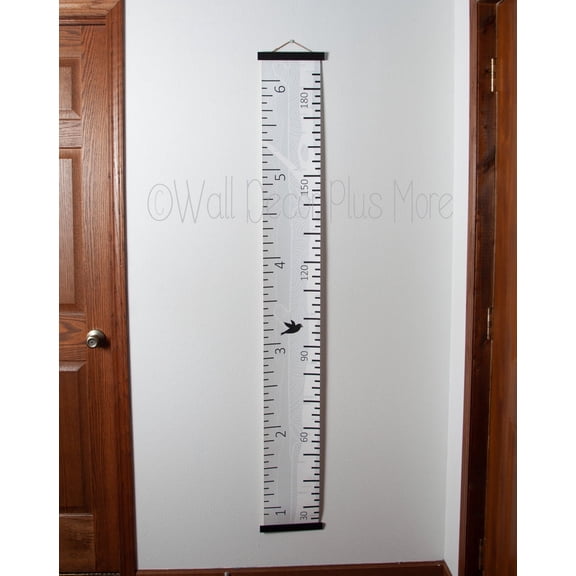 Birch Tree Birds Canvas Growth Chart for Kids Wall Ruler Growth Chart Wood Frame Fabric Sign Removable Height Measure Chart for Boys Girls Growth Ruler, Black Wood
