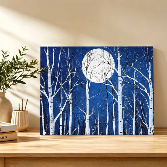 Birch Tree Canvas Wall Art, Navy Blue Night Sky White Full Moon Rustic Moonlight Branch Wall Art Prints Artwork Framed Canvas Ready to Hang Art Pictures for Dining Bedroom Study Lounge Nook 18"x12"