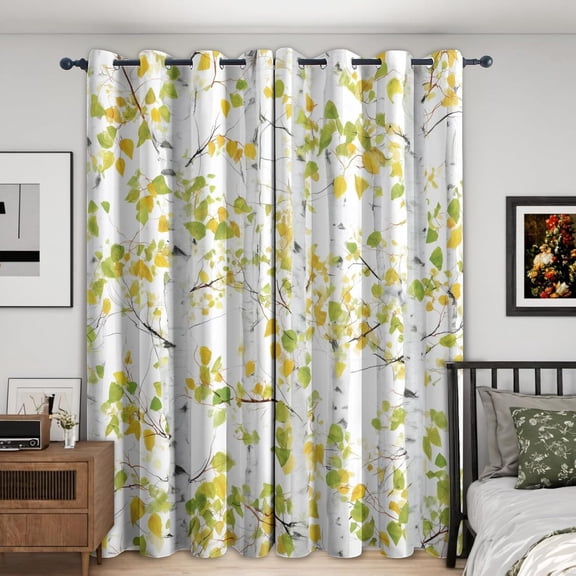 Birch Tree Curtains For Living Room , Autumn Landscape Pattern Design Blackout Curtains, Birch Tree Bedroom Decor Window Drapes With Grommet 52"W x 96"L (Pack of 2)