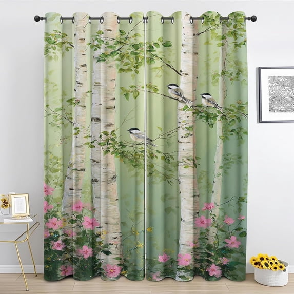Birch Tree Curtains for Living Room, Floral Bird Blackout Curtains 2 ...