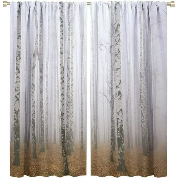 Birch Tree Curtains For Living Room,Morning Mist In Autumn Birch Grove Window Treatments Bedroom Curtain,Home Decor Blackout Drapes 53"W x 96"L (Pack of 2)