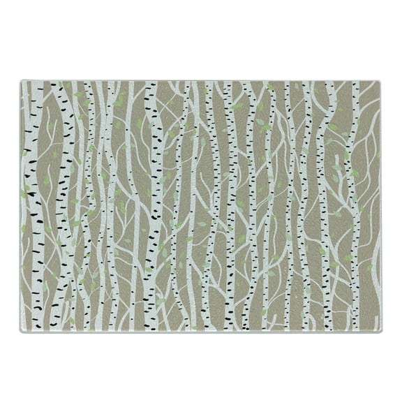 Birch Tree Cutting Board, Forest Fresh Foliage Nature Abstract Trunks Black Spots, Decorative Tempered Glass Cutting and Serving Board, Small Size, Tan Pale Green Black, by Ambesonne