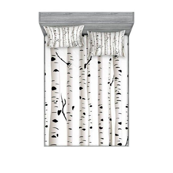 Birch Tree Fitted Sheet & Pillow Sham Set, Forest Seasonal Nature Woodland Leafless Branches Grove Botany Illustration, Decorative Printed 6 Piece Bedding Decor Set, King, Black White, by Ambesonne
