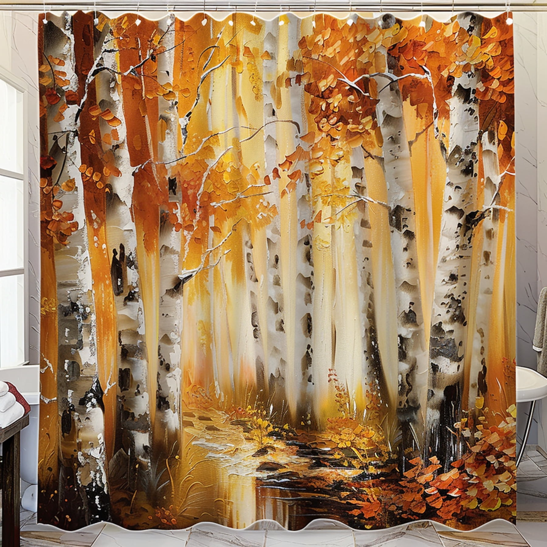Birch Tree Forest in Autumn Shower Curtain Hyper Realistic Oil Painting on Canvas Fabric Nature