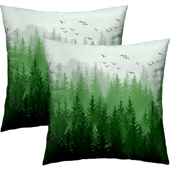 Birch Tree Forest Pillow Covers Set of 2, Misty Deep Green Wood Mountain Decorative Throw Pillowcases 18x18 Inches, Soft Cushion Cover Double Side Print for Home Decor