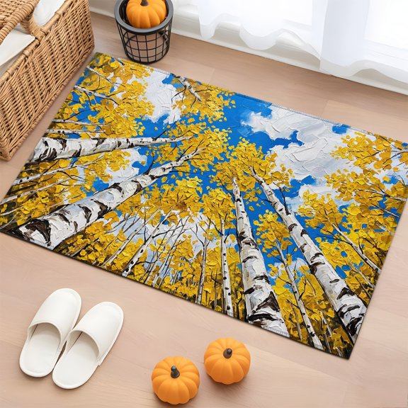 Birch Tree Forest Realistic Rectangle Area Rug 2x3ft,Living Room Rug Non-Slip Washable Circle Rugs Pad,Abstract Woodland Yellow Leaves Soft Floor Carpet for Bedroom Dining Room