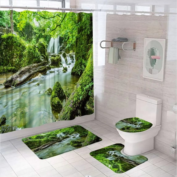 Birch Tree Forest Stream Scenery Shower Curtain Set Waterfall Landscape Bathroom Curtains Non-Slip Bath Mat Rug Lid Toilet Cover