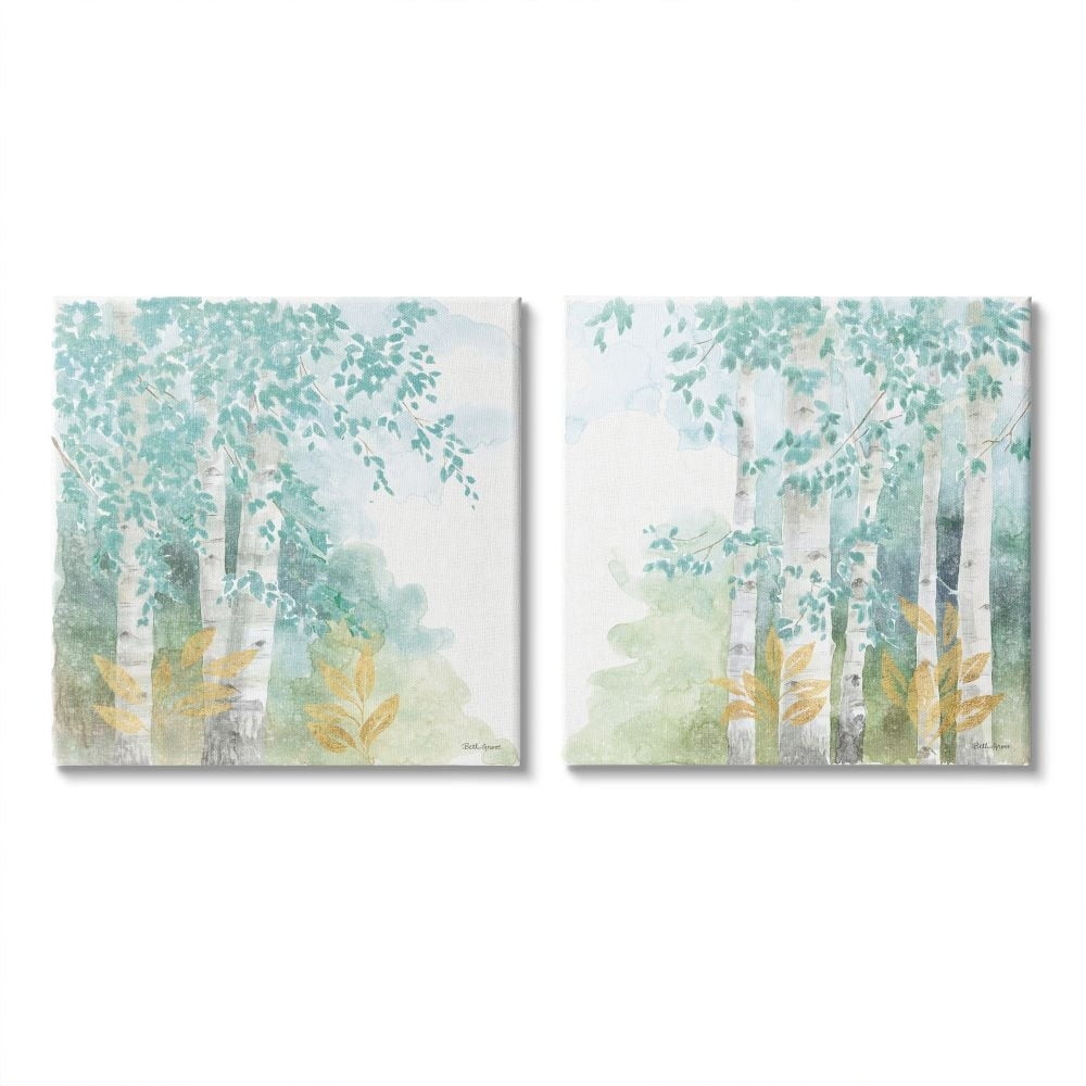 Birch Tree Forest Tranquil Green Gold Watercolor Landscape Gallery-Wrapped Canvas Print Wall Art, Set of 2, 17x17