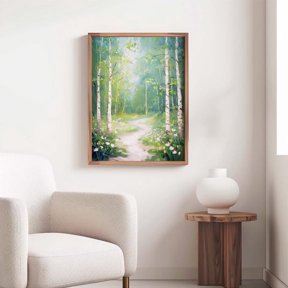Birch Tree Forest Wall Art , Spring Flower Forest Path, Nature Wall Art, Colorful Pastel Abstract Forest Art, 337, Stretched Canvas Size 8x12