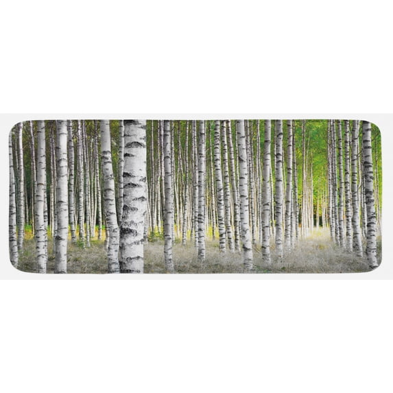 Birch Tree Kitchen Mat, Peaceful Late Summer Woodland Trunks Leaves Foliage Serene Tranquil, Plush Decorative Kitchen Mat with Non Slip Backing, 47" X 19", Green Pale Grey Black, by Ambesonne