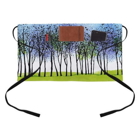 Birch Tree Kitchen Restaurant Half Waist Apron, Spring Summer Art Purple Green Leaf Birch Grove Server Short Apron with 3 Pockets Waterproof Oil Waist Aprons for Women Waitress Waiter